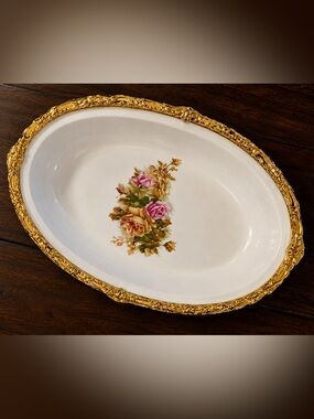 Gold-Trim Floral Porcelain Serving Platter - White with Pink & Yellow Roses